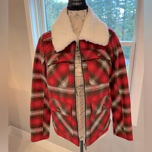 BNCI by Blanc Noir Jacket Womens XS Red Plaid White Sherpa Shacket Campcore.